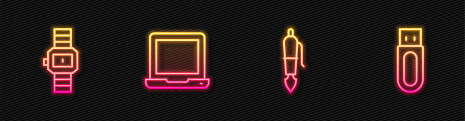 Poster - Set line Fountain pen nib, Wrist watch, Laptop and USB flash drive. Glowing neon icon. Vector