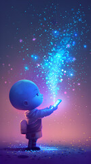 Wall Mural - A young boy is holding a tablet in his hand, and a blue light is shining on him. Concept of wonder and curiosity, as the boy is likely exploring the tablet's features and content. Generative AI