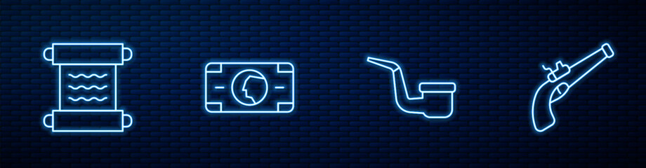 Poster - Set line Smoking pipe, Papyrus scroll, Stacks paper money cash and Vintage pistol. Glowing neon icon on brick wall. Vector