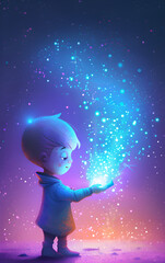 Wall Mural - A young boy is holding a tablet in his hand, and a blue light is shining on him. Concept of wonder and curiosity, as the boy is likely exploring the tablet's features and content. Generative AI