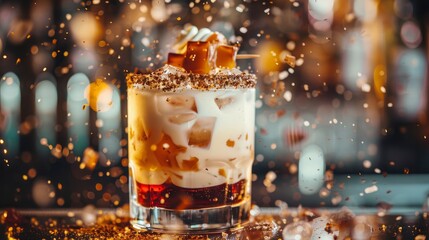 ice cold modern Cocktail gourmet craft white with Sweet caramels decoration slice Author Drink - on bar counter . Close-up Top view . Copy paste space design barman people and luxury nightclub