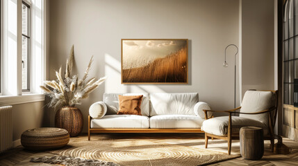 Poster - A living room with a white couch and a brown chair. The couch is covered in pillows and there is a vase on the floor. The room has a warm and inviting atmosphere