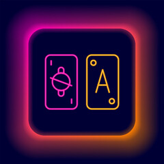 Poster - Glowing neon line Tarot cards icon isolated on black background. Magic occult set of tarot cards. Colorful outline concept. Vector