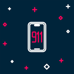 Poster - Line Mobile phone with emergency call 911 icon isolated on blue background. Police, ambulance, fire department, call, phone. Colorful outline concept. Vector