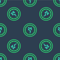 Poster - Line Clock 24 hours icon isolated seamless pattern on blue background. All day cyclic icon. 24 hours service symbol. Vector