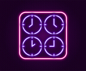 Wall Mural - Glowing neon line Time zone clocks icon isolated on black background. Colorful outline concept. Vector