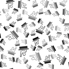 Poster - Black Active male kid raising hand answering to teacher question icon isolated seamless pattern on white background. An elementary student raises his hand. Vector