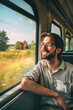 A man with glasses is smiling as he looks out the window of a train