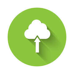 Poster - White Cloud upload icon isolated with long shadow background. Green circle button. Vector