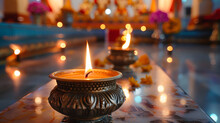 Candles To Bless God In The Hindu Temple. Selective Focus On The Candle. Religion Concept.