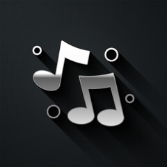 Sticker - Silver Music note, tone icon isolated on black background. Long shadow style. Vector