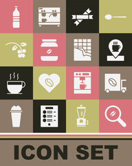 Poster - Set Selection coffee beans, Coffee street truck machine, Location with cup, Sugar stick packets, jar bottle, bean, branch, Bottle water and Chocolate bar icon. Vector