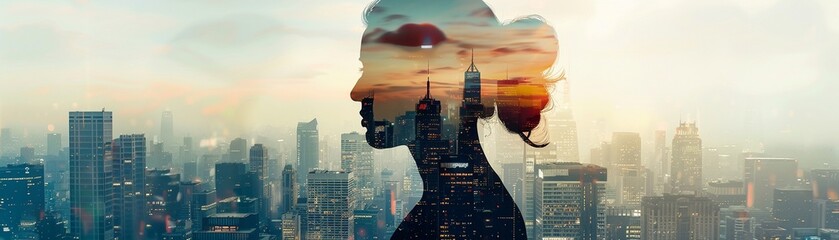 An artistic double exposure portrait blending a thoughtful womans profile with the dense urban skyline of a city.