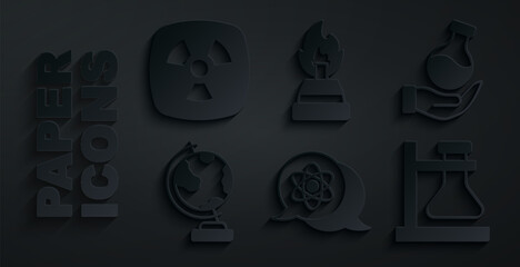 Sticker - Set Atom, Test tube, Earth globe, flask on stand, Alcohol or spirit burner and Radioactive icon. Vector