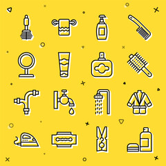 Sticker - Set line Bottle of shampoo, Bathrobe, Hairbrush, liquid soap, Tube toothpaste, Round makeup mirror, Toilet and Perfume icon. Vector