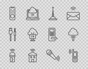 Sticker - Set line Usb wireless adapter, Mobile with wi-fi, Antenna, Smart home, Remote control, Tv, Wireless microphone and Network cloud connection icon. Vector