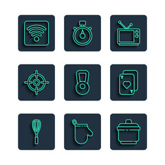 Wall Mural - Set line Kitchen whisk, Oven glove, Cooking pot, Retro tv, Kettlebell, Target sport, Wi-Fi wireless internet network and Playing cards icon. Vector