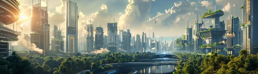 a beautiful digital painting of a futuristic city with a river running through it and green vegetati