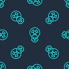 Poster - Green line Radioactive icon isolated seamless pattern on blue background. Radioactive toxic symbol. Radiation hazard sign. Vector