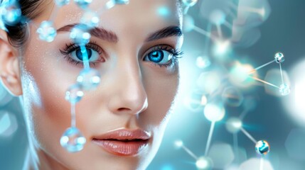 A close-up of a woman face with striking blue eyes among glowing, futuristic molecular structures.