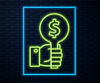 Glowing neon line Hand holding auction paddle icon isolated on brick wall background. Bidding concept. Auction competition. Hands rising signs with BID inscriptions. Vector