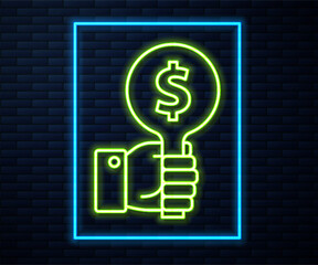 Canvas Print - Glowing neon line Hand holding auction paddle icon isolated on brick wall background. Bidding concept. Auction competition. Hands rising signs with BID inscriptions. Vector