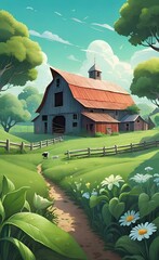 Wall Mural - Farm cartoon style illustration background with barn and green nature.