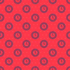 Poster - Blue line Clock icon isolated seamless pattern on red background. Time symbol. Vector