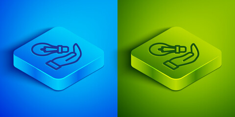 Poster - Isometric line Light bulb in hand with concept of idea icon isolated on blue and green background. Energy and idea symbol. Inspiration concept. Square button. Vector