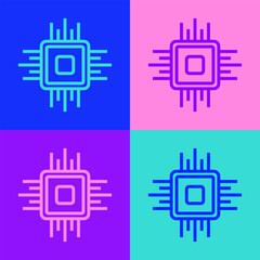 Poster - Pop art line Computer processor with microcircuits CPU icon isolated on color background. Chip or cpu with circuit board. Micro processor. Vector