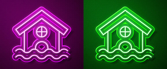 Poster - Glowing neon line House flood icon isolated on purple and green background. Home flooding under water. Insurance concept. Security, safety, protection, protect concept. Vector