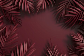 Wall Mural - This image presents deep burgundy tropical leaves, beautifully framing a rich, dark center, offering extensive copy space. Ideal for creating striking visuals for luxury brands or dramatic editorial c