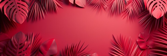 Sticker - A dramatic and vibrant red background with tropical leaves framing the image, providing an intense and eye-catching aesthetic with large central copy space for compelling marketing or artistic visuals