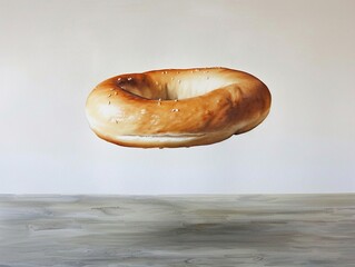Bagel suspended in mid-air, watercolor technique.