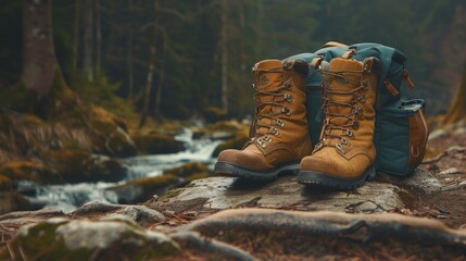 A backpack and hiking boots, symbolizing readiness for outdoor exploration and adventure