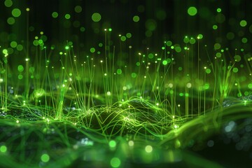 Futuristic ecological data visualization, network of glowing green lines and nodes, sustainable technology theme.