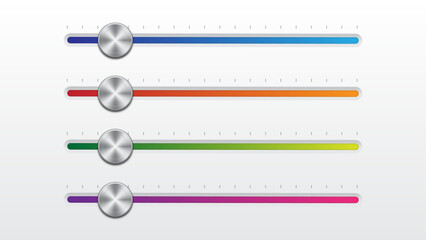 Slider buttons for switch off, website or app menu bars and settings switcher controls in music player UI. UI slider bar buttons, control, web interface volume slide toggles, realistic vector.