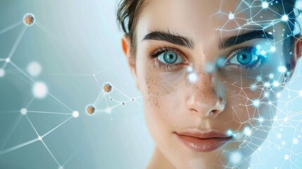 Leinwandbilder - Female face with striking blue eyes, featuring interconnected lines for a modern and abstract look.