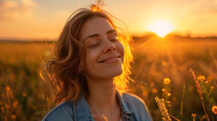 Wall Mural - A woman happily smiles and closes her eyes happily enjoying a beautiful moment on a rice field at sunset.