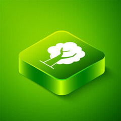 Sticker - Isometric Tree icon isolated on green background. Forest symbol. Green square button. Vector