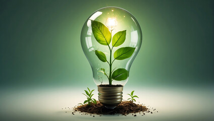 A light bulb with a plant inside of it, green energy, environmental lighting and the source of future growth environment friendly