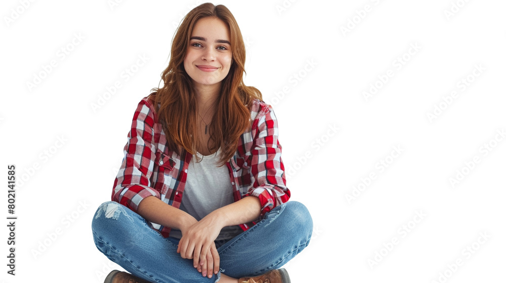 Portrait of a casual happy young woman sitting on the floor on ...