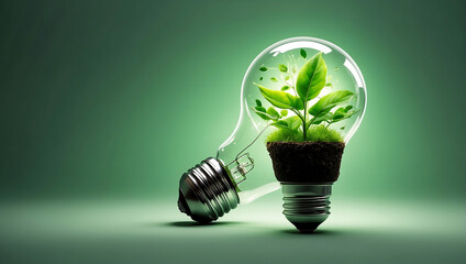 A light bulb with a plant inside of it, green energy, environmental lighting and the source of future growth environment friendly