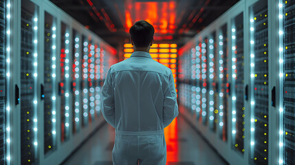 Sticker - Man Observing Row of Servers in a High-Tech Data Center