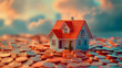 Miniature House Amongst a Sea of Coins Against a Sunset Sky