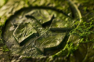 Wall Mural - Macro photograph showcasing intricate details of a leafy green substance, resembling a recycling symbol, with focus on texture and color