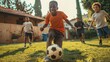 © ORG - African boy with mixed race friends playing soccer outside in city backyard A young boy dribbles a ball, scores a goal, a football player celebrates a victory.