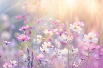 Wall Mural - A field filled with pink and white flowers, with a soft focus highlighting a cluster of wildflowers in the foreground