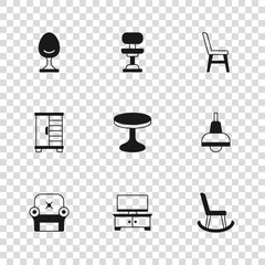 Poster - Set TV table stand, Lamp hanging, Armchair, Round, Chair, Office and Wardrobe icon. Vector