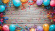 colorful birthday party decoration on a table, ballons, ribbons and confetti 